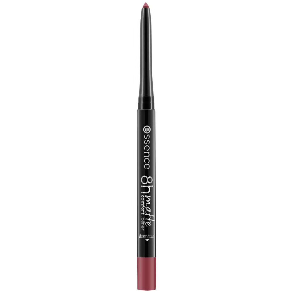 Lippenstiftstift mit schwarzem Gehäuse. Aufschrift: Essence, 8h matte comfort lipliner. Spitze und Stiftende in Rosa.