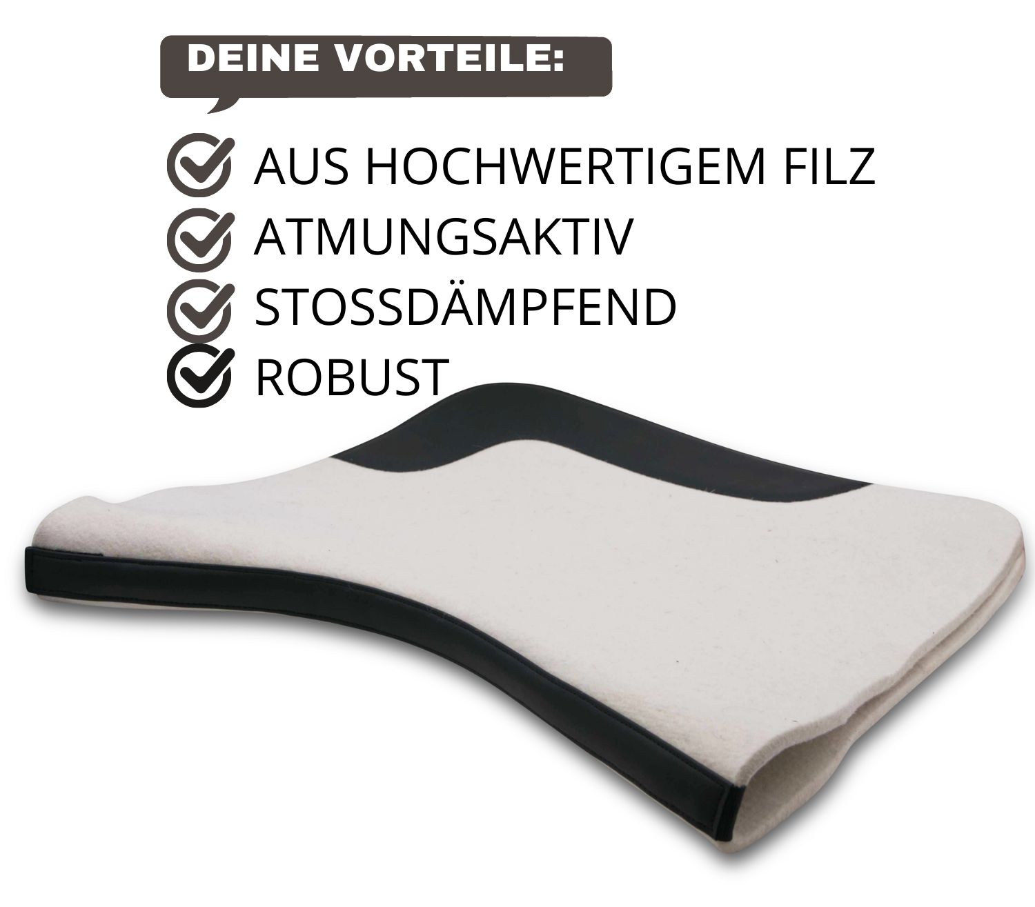 Filzschabracke, Unterseite. Text: aus hochwertigem Filz, atmungsaktiv, stoßdämpfend, robust.