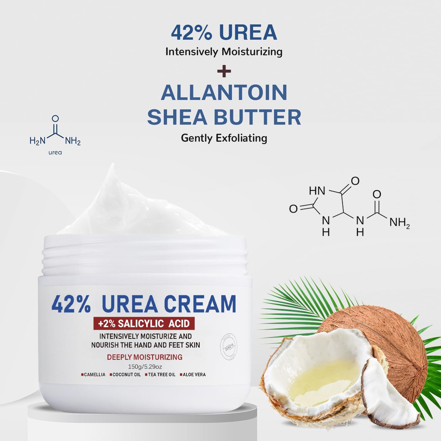Weißer Tiegel mit Creme. Aufschrift: 42% UREA CREAM +2% SALICYLIC ACID. Kokosnuss und Blätter im Hintergrund. Text: Intensiv feuchtigkeitsspendend.