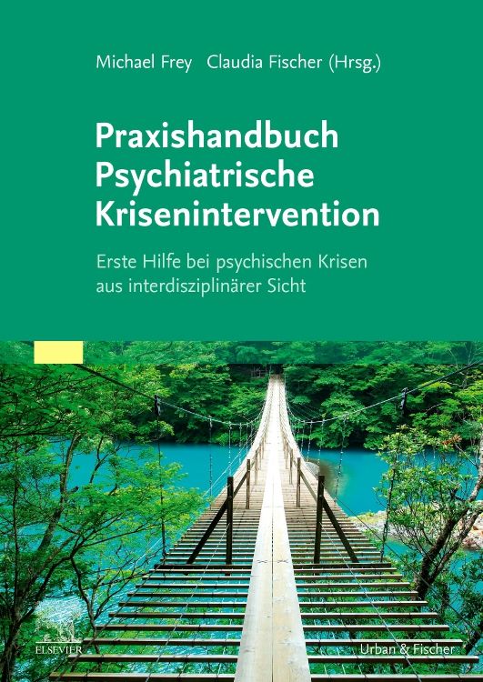 Buchcover: Praxishandbuch Psychiatrische Krisenintervention. Titel, Autoren, und Verlag. Hintergrund: Hängebrücke über blauem Fluss.