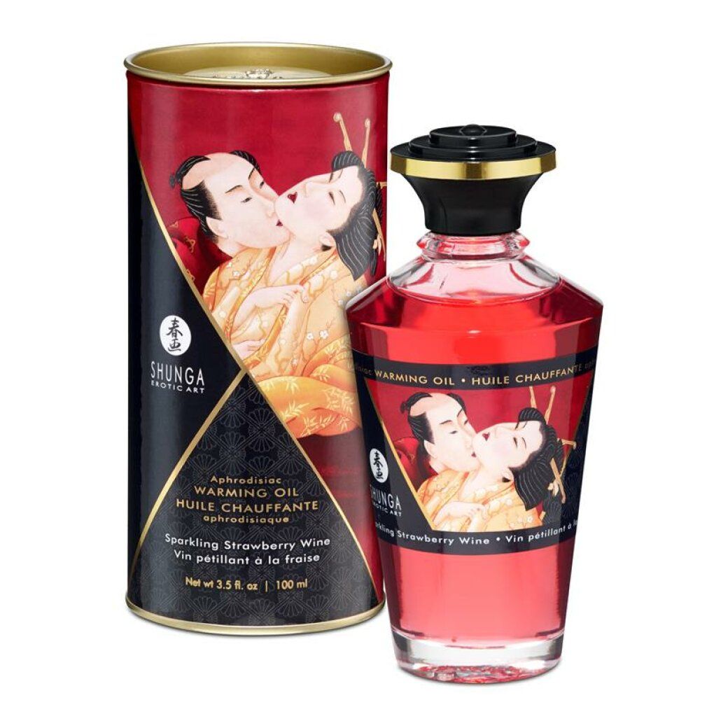 Rote Glasflasche und Dose mit Etiketten. Aufschrift: Shunga, Warming Oil, Erdbeer-Aroma. Abbildung eines küssenden Paares.