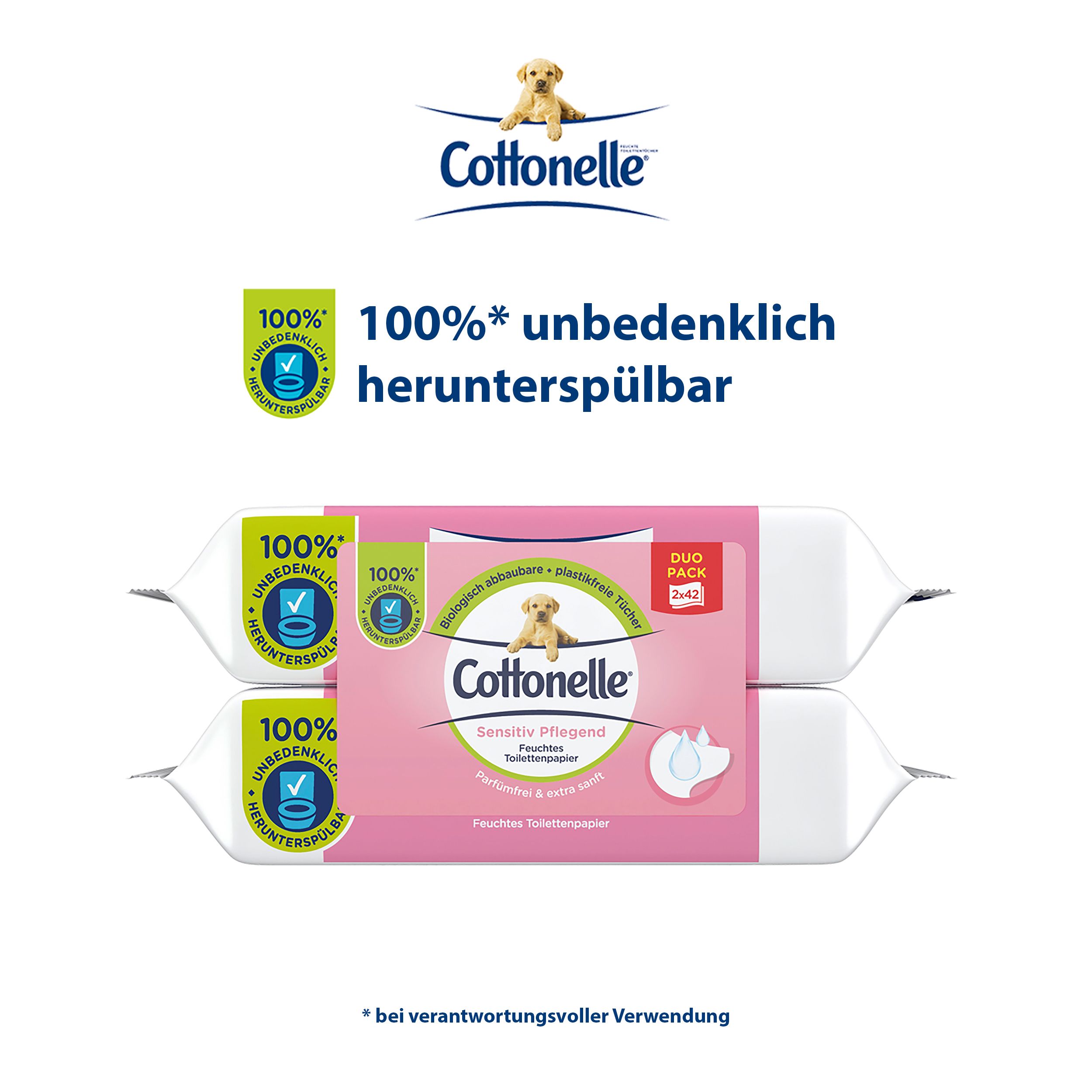 Cottonelle Feuchttücher Duo-Pack. Rosa Verpackung mit Welpen-Motiv. 100% unbedenklich herunterspülbar.