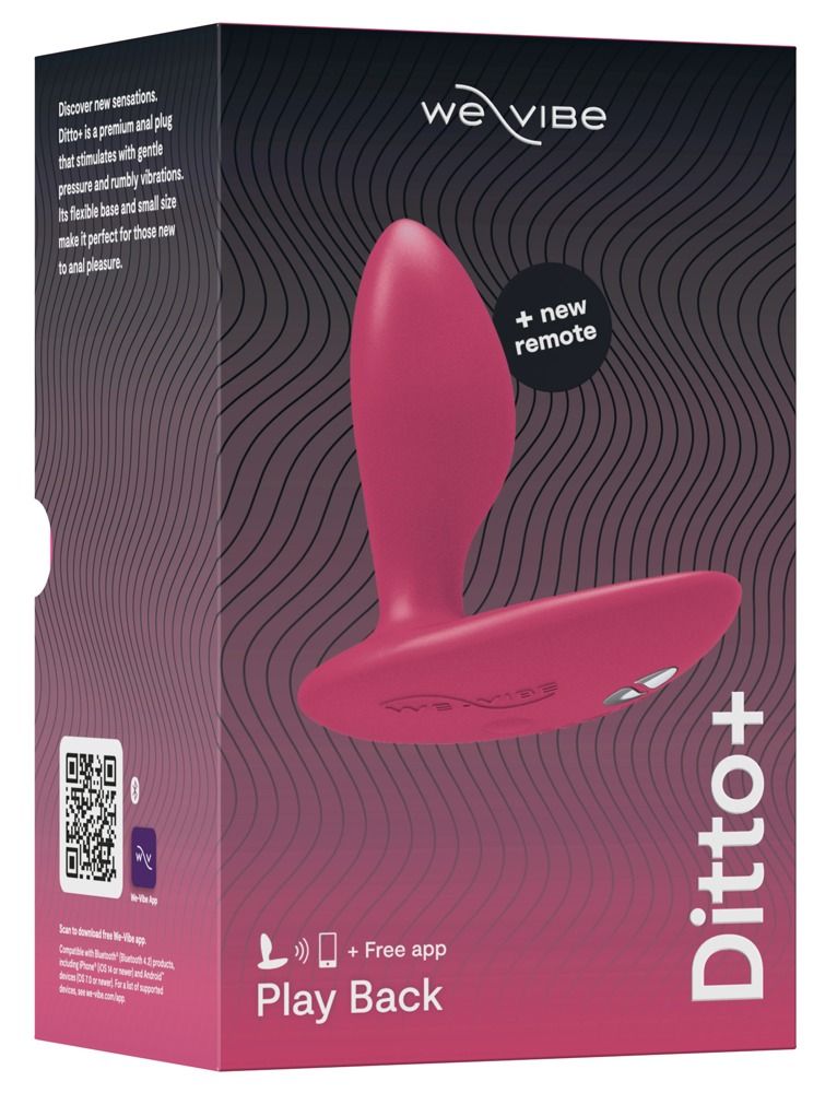 Verpackung von We-Vibe Ditto+. Rosa Analplug abgebildet. Text: Ditto+, + new remote, Play Back.