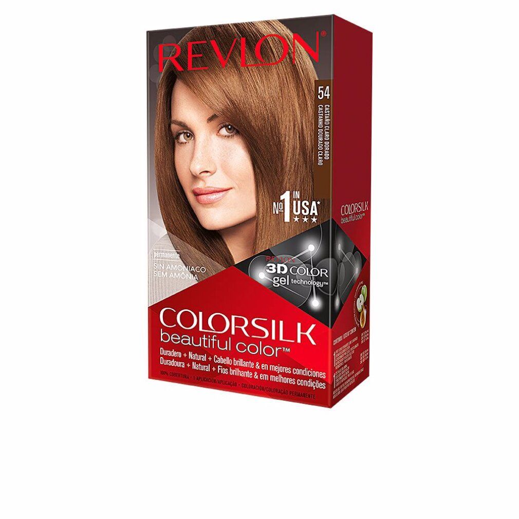 Revlon Colorsilk 54 Light Golden Brown. Verpackung mit Frau mit hellbraunem Haar. Text: Ohne Ammoniak, 3D Color Gel Technology.