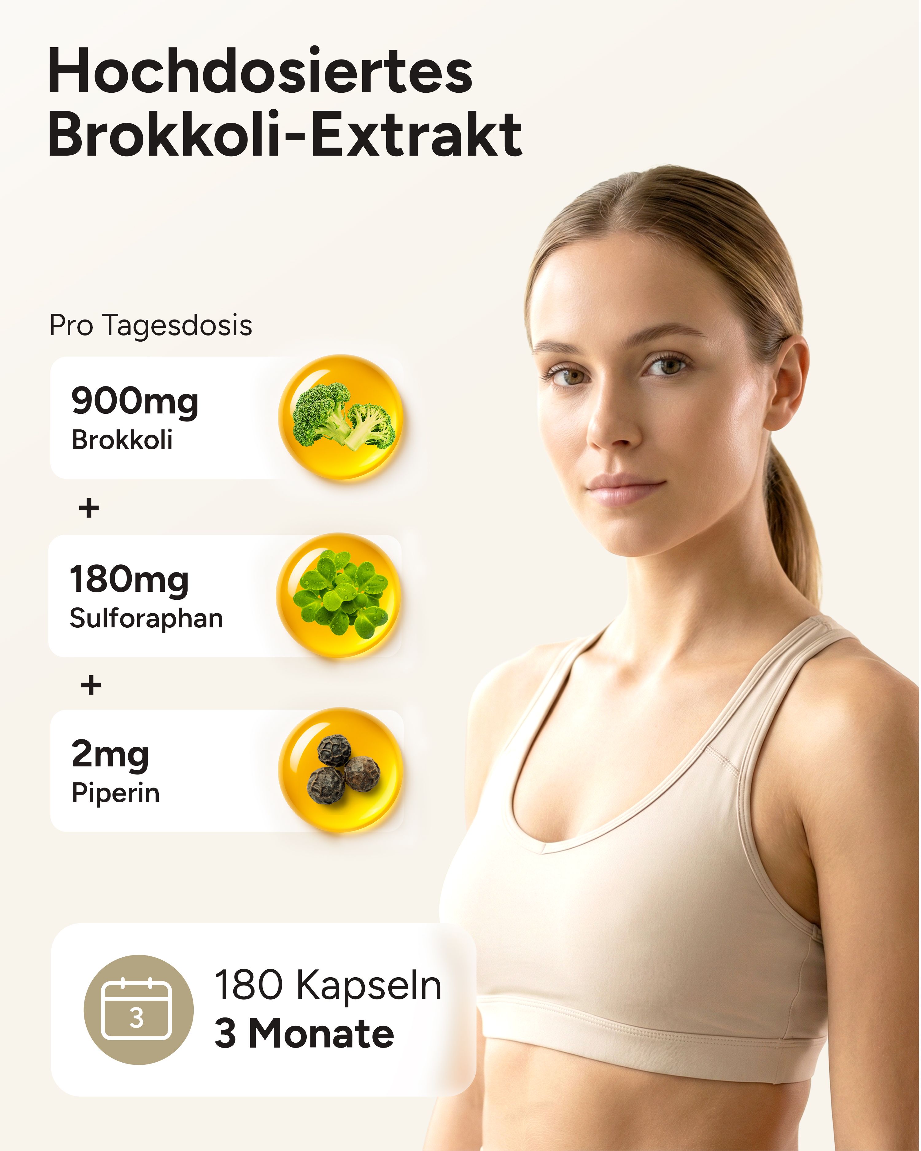 Frau neben Infografik: 900mg Brokkoli, 180mg Sulforaphan, 2mg Piperin, 180 Kapseln.