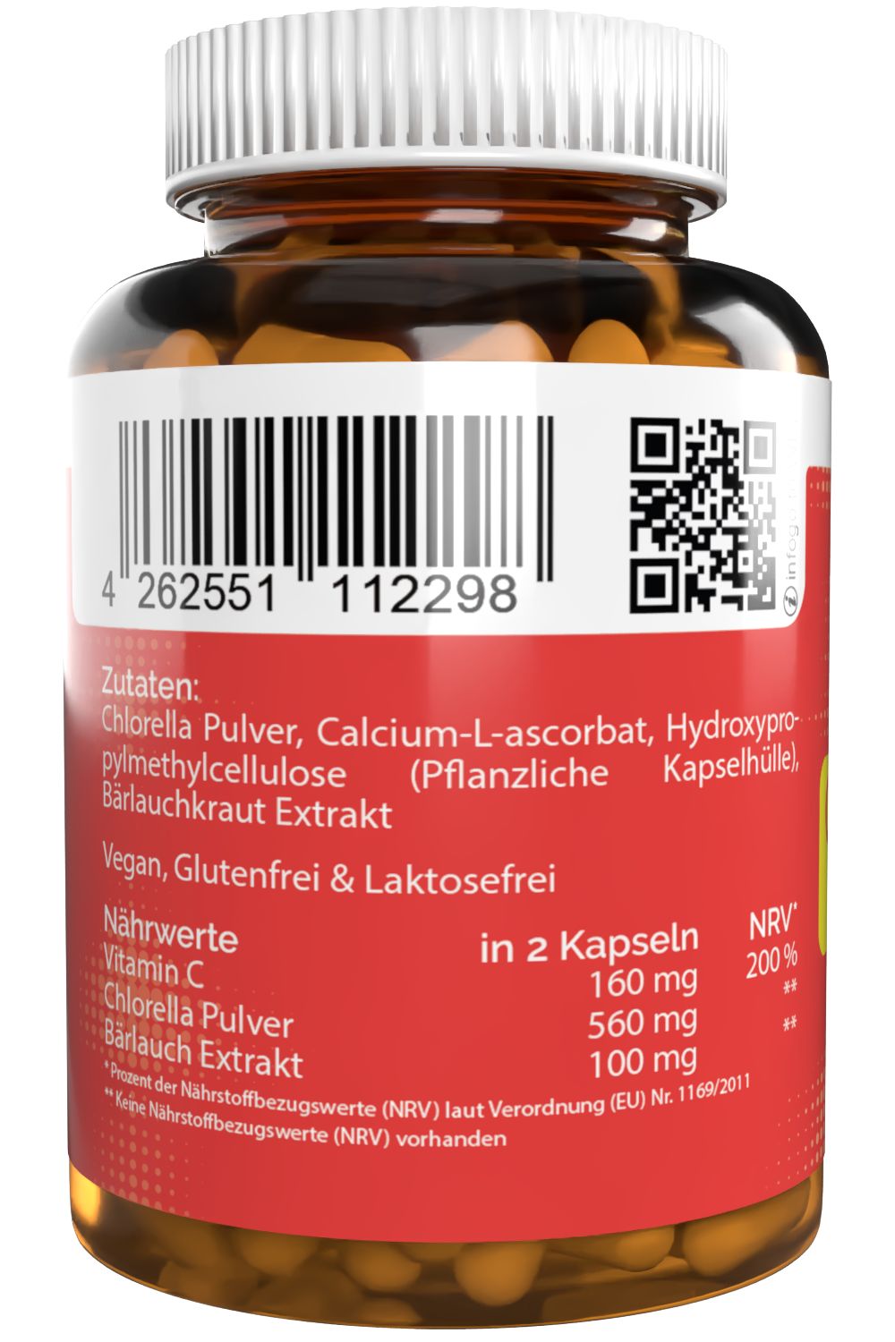 Rückseite der Flasche mit Zutatenliste, QR-Code und Barcode. Enthält Chlorella Pulver, Vitamin C und Bärlauchkraut Extrakt.