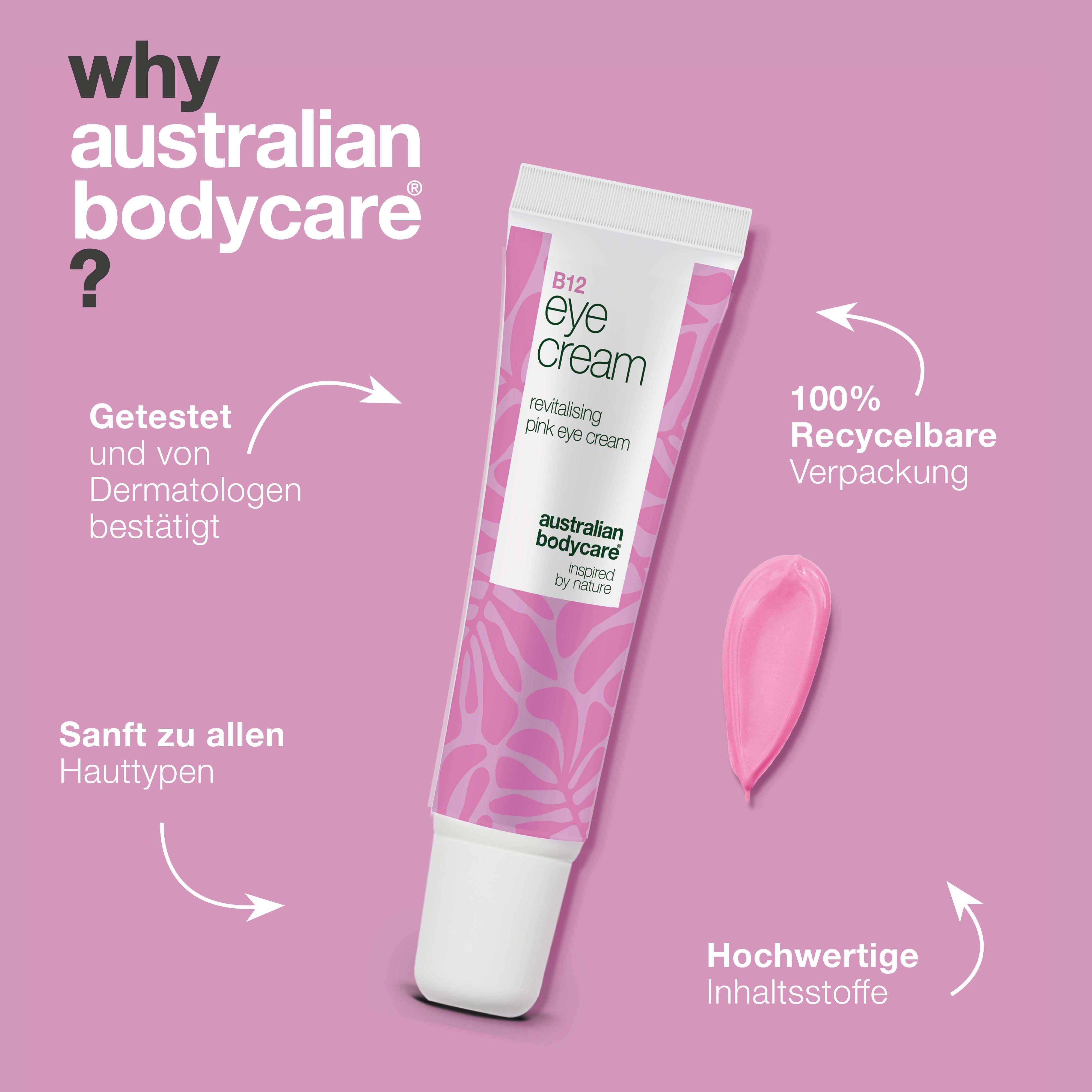 Tube Augencreme und rosa Klecks. Text: B12 eye cream, Australian Bodycare. Verpackung 100% recycelbar.