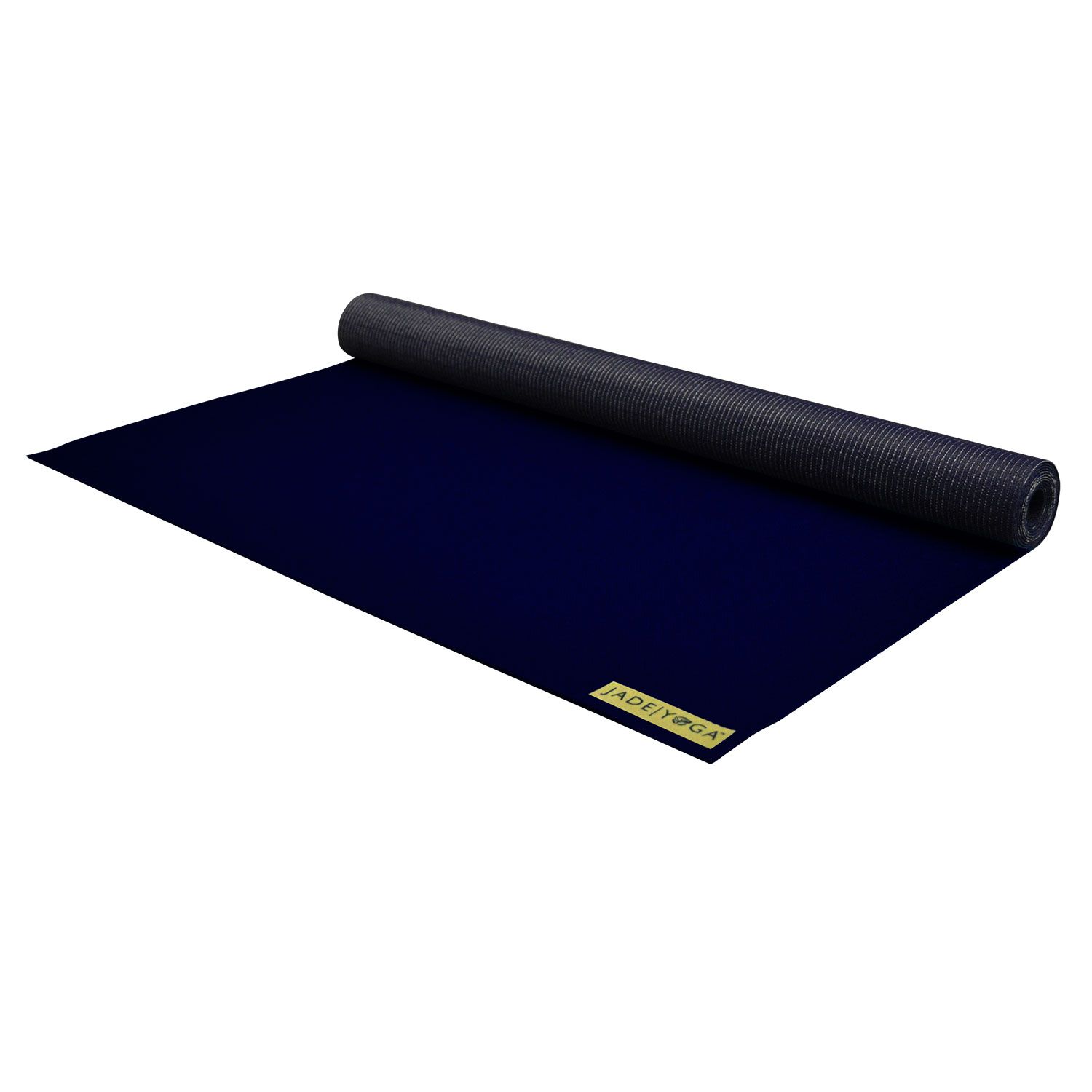 Ausgerollte Yogamatte, dunkelblau. Oberseite glatt, Unterseite strukturiert. Mit "JADE YOGA" Logo.