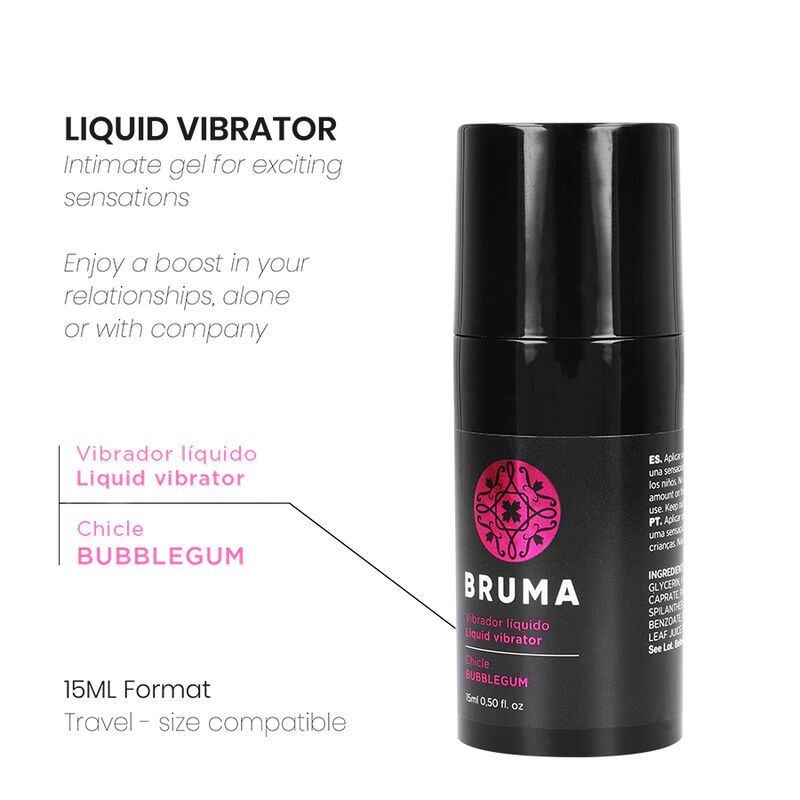 Schwarze Flasche mit rosa Logo und Text. Produktname: Bruma. Geschmack: Bubblegum. 15ml Format.