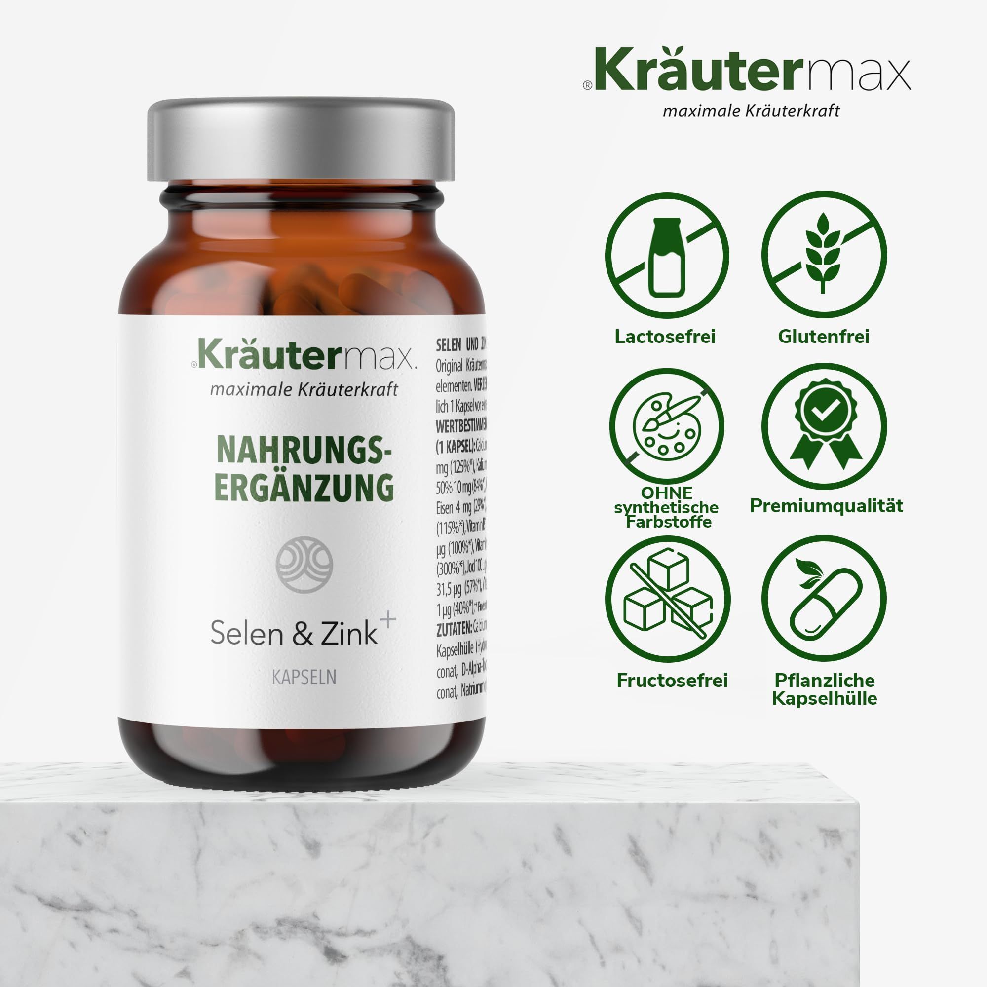 Braune Glasflasche mit Kräutermax Selen & Zink Kapseln. Aufschrift: Nahrungsergänzung. Logos: laktosefrei, glutenfrei, ohne Farbstoffe, Premiumqualität.