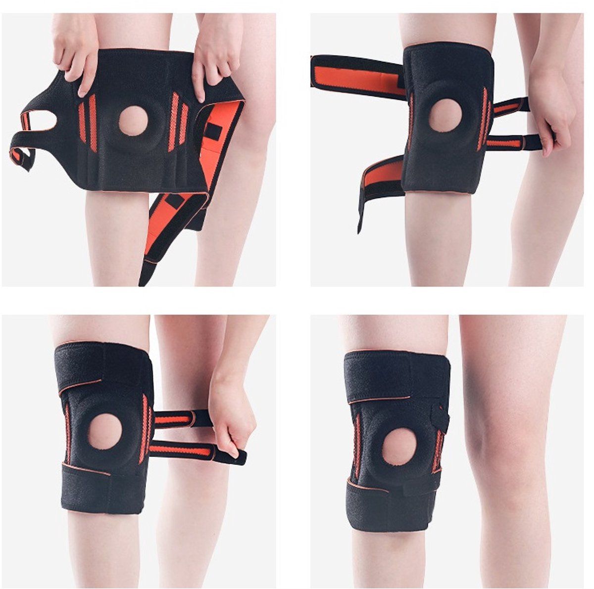 Kniebandage, schwarz mit orangefarbenen Akzenten. Klettverschlüsse und Öffnung für die Kniescheibe.