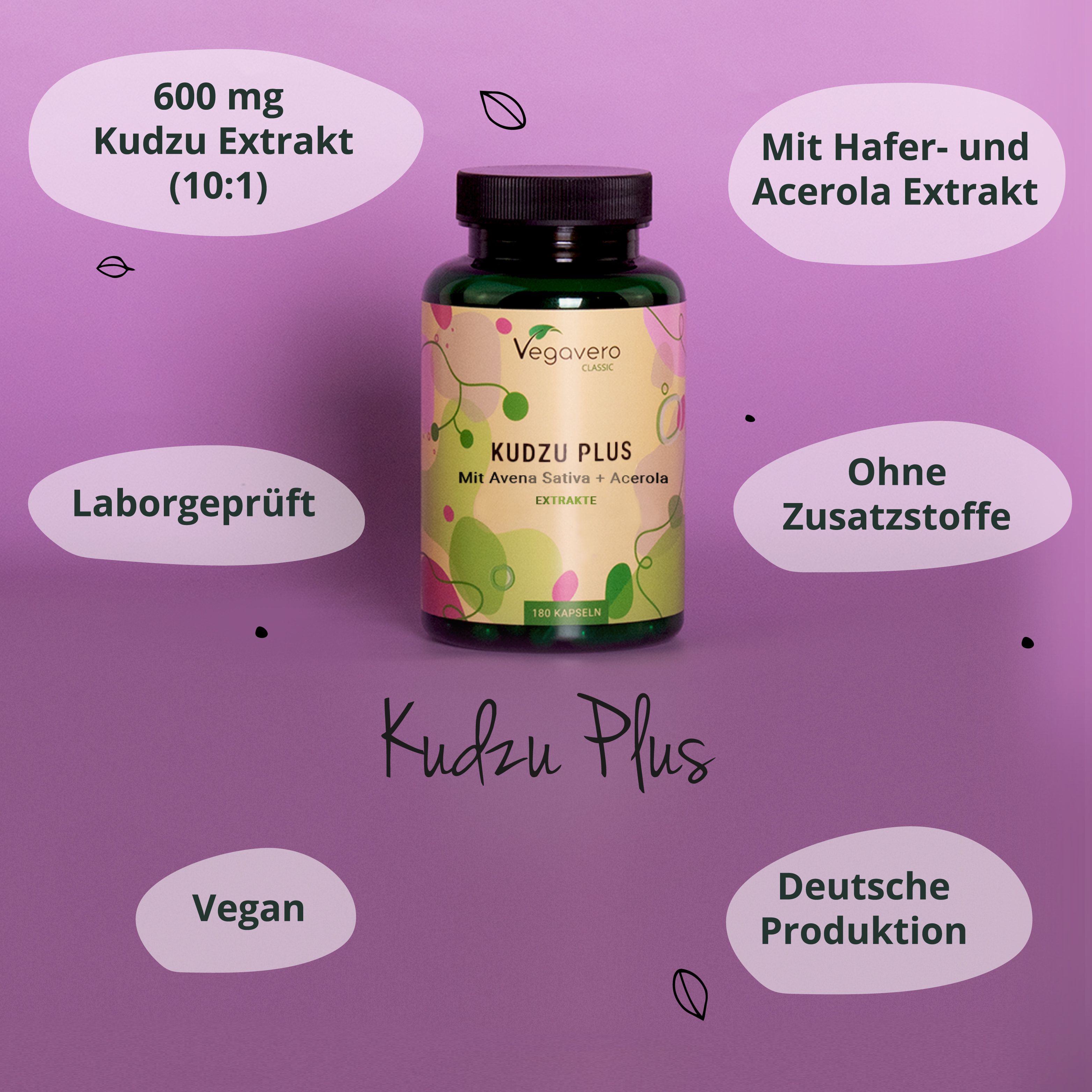 Flasche mit Kapseln, Aufschrift: Kudzu Plus, 180 Kapseln. Zusätzliche Informationen: 600 mg Kudzu Extrakt, Mit Hafer- und Acerola-Extrakt.