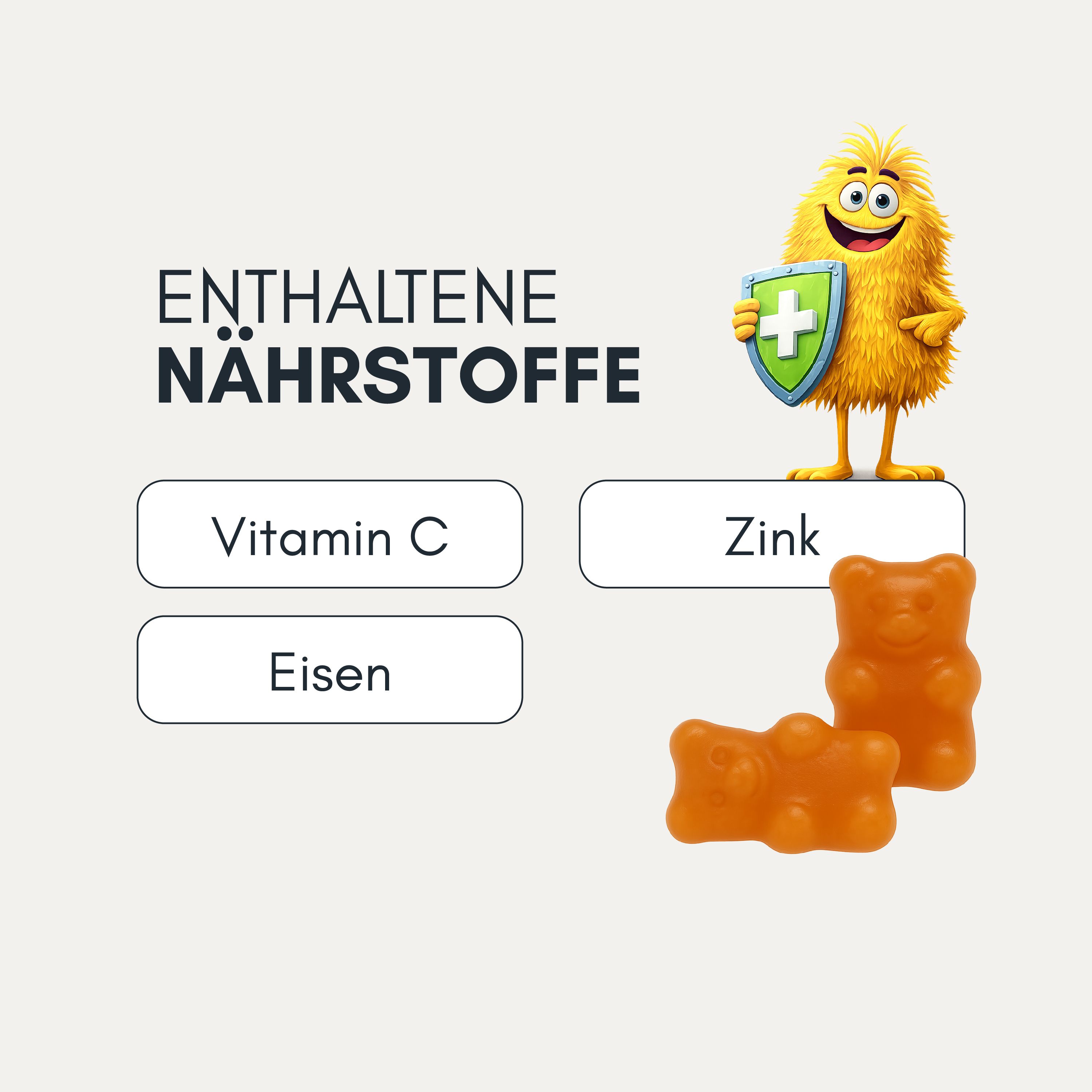 Nährstoffe: Vitamin C, Zink, Eisen. Orangefarbene Gummibärchen in Bärenform.