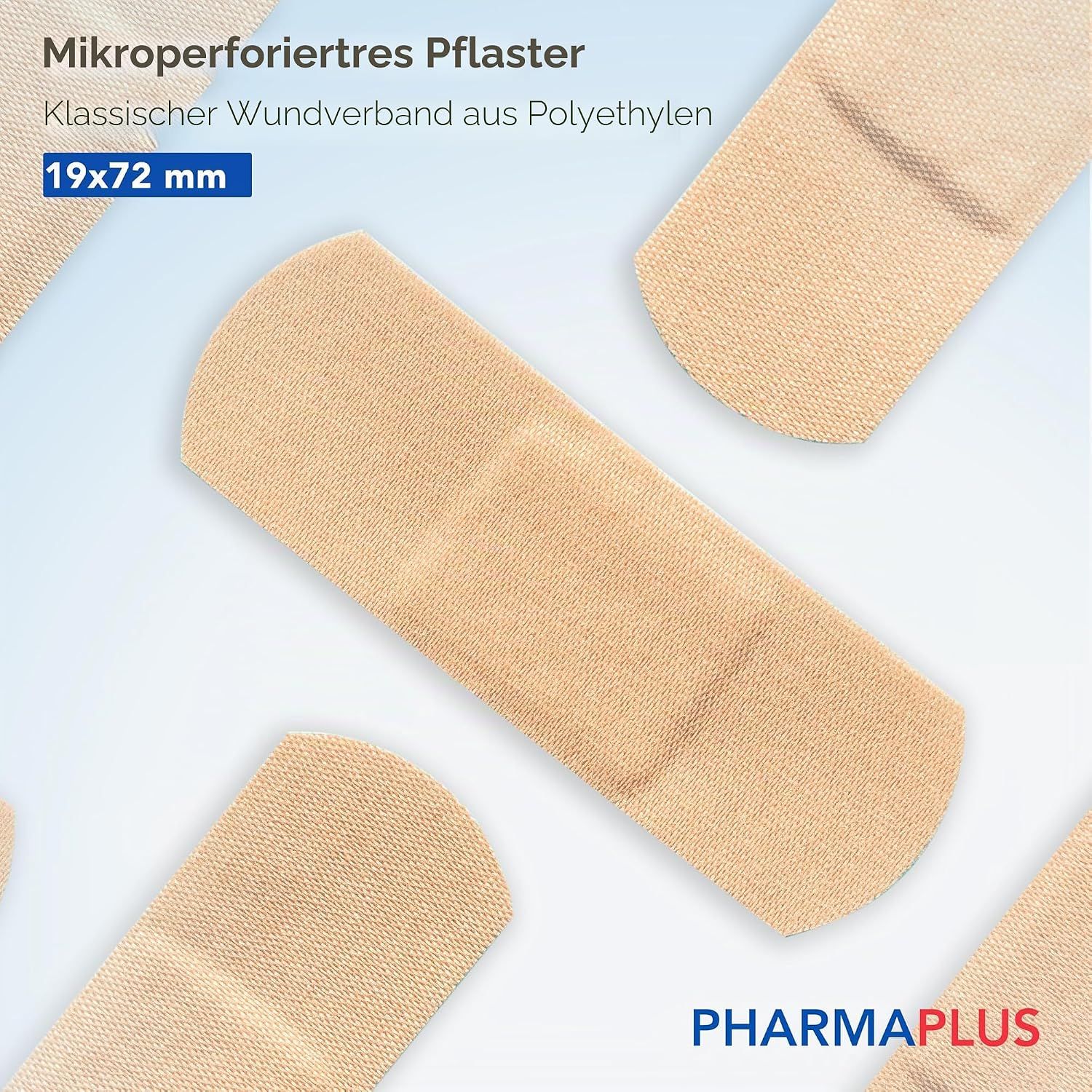 Mikroperforiertes Pflaster, klassischer Wundverband aus Polyethylen, 19x72 mm.