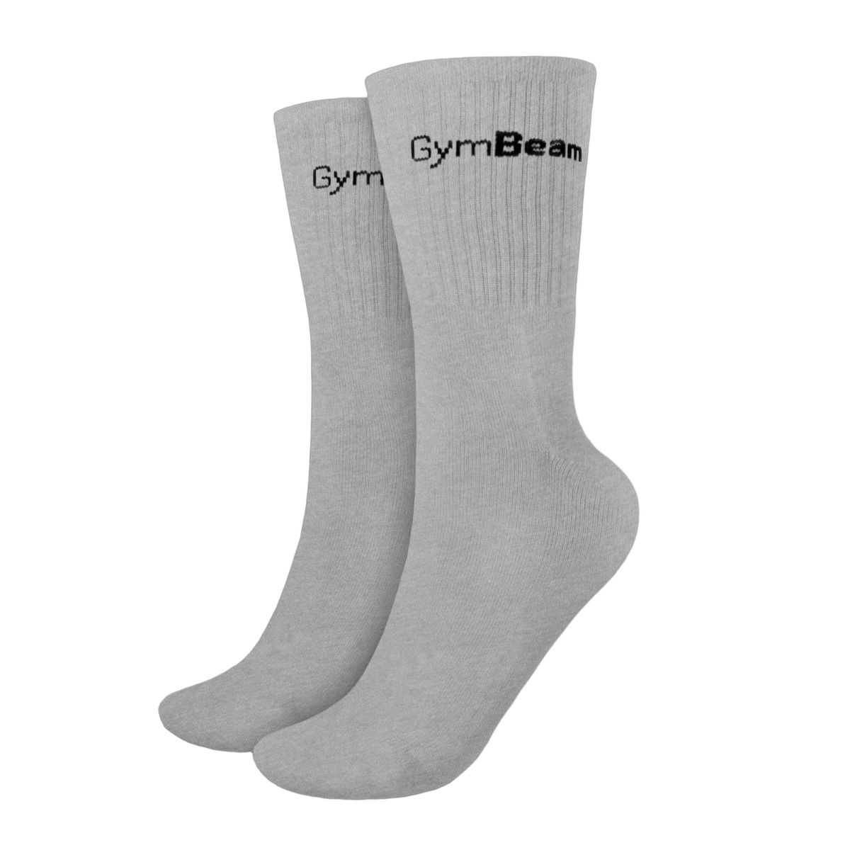 Zwei graue Unisex-Socken mit GymBeam-Logo.
