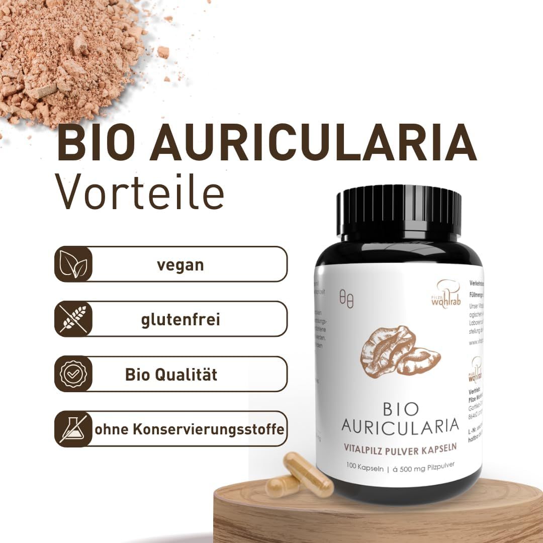 Flasche mit Kapseln und Text: vegan, glutenfrei, Bio Qualität, ohne Konservierungsstoffe. Aufschrift: BIO AURICULARIA.