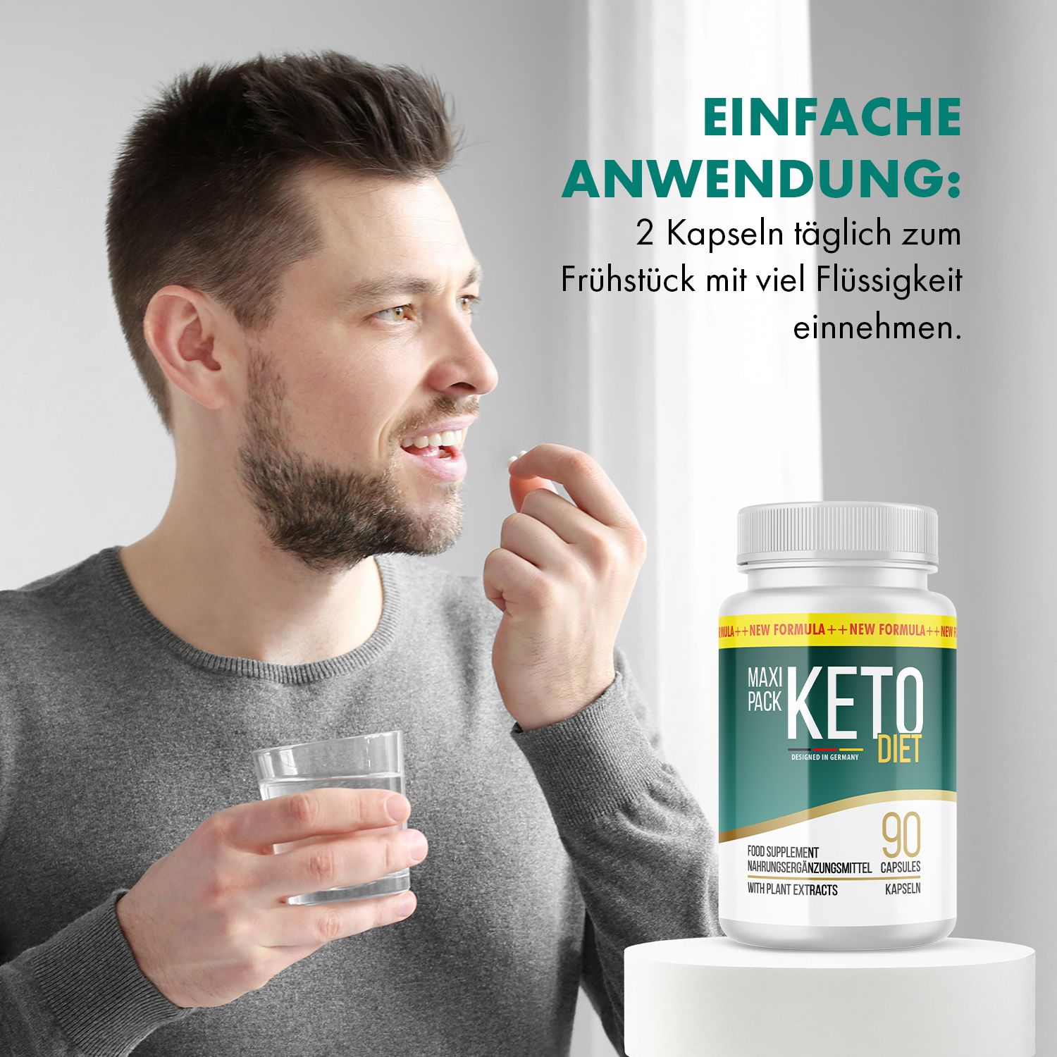 Mann nimmt Kapsel ein, hält Glas Wasser. Dose mit Keto Diet, 90 Kapseln. Text: Einfache Anwendung: 2 Kapseln täglich zum Frühstück mit viel Flüssigkeit.