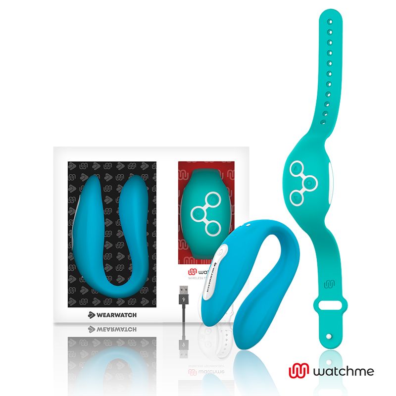 Wearwatch Dual-Technologie Set: blauer Vibrator, Armband, Ladekabel und Verpackung mit Produktabbildungen.
