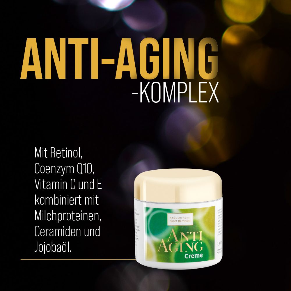 Werbung mit dem Wort "ANTI-AGING-KOMPLEX". Text: Mit Retinol, Coenzym Q10, Vitamin C und E kombiniert mit Milchproteinen, Ceramiden und Jojobaöl.