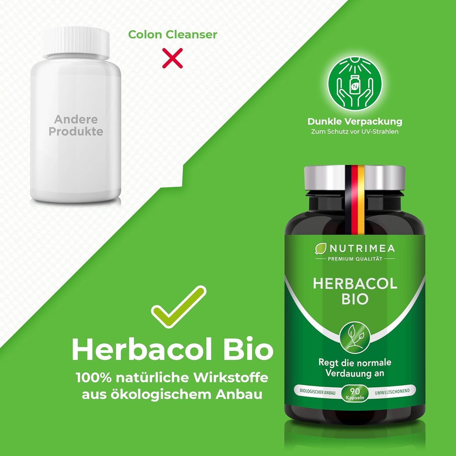 Vergleich: HERBACOL BIO vs. anderes Produkt. HERBACOL BIO-Flasche mit Text: 100% natürliche Wirkstoffe aus ökologischem Anbau.