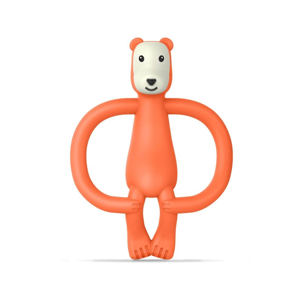 Orangefarbener Beißring in Bärenform mit Armen und Beinen. Gesicht weiß, Augen und Nase schwarz. Ohren abgerundet.