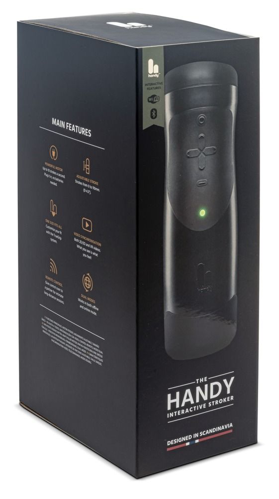 Schwarze Verpackung mit Produktabbildung und Text. Hauptmerkmale sind aufgeführt. Produktname: The Handy.