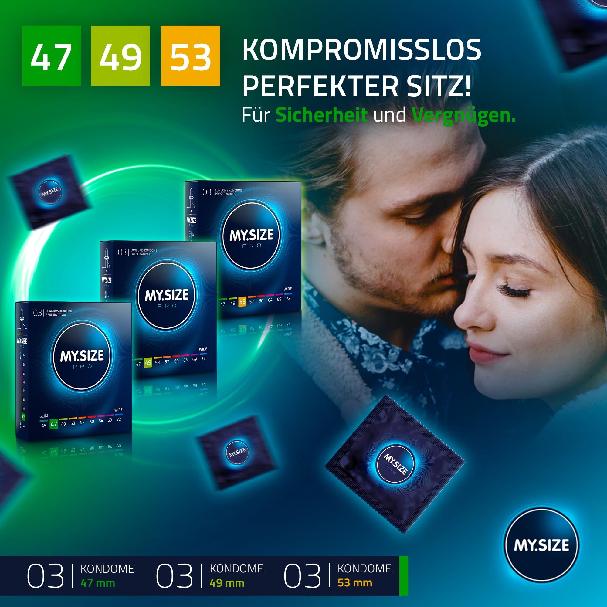 MY.SIZE Pro Kondom-Sets. Zeigt 3x3 und 3x10 Kondom-Sets in verschiedenen Größen.