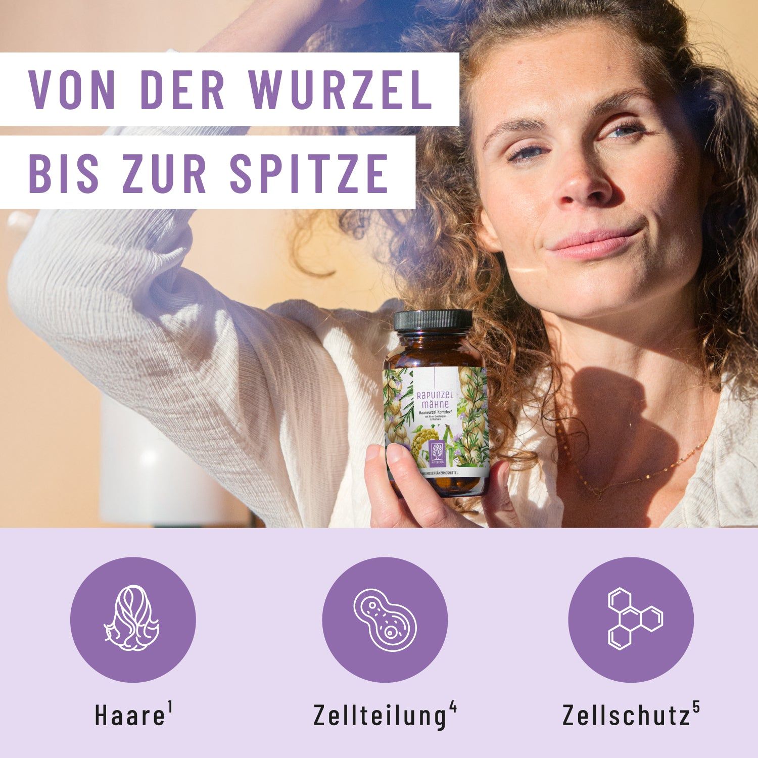 Frau hält braune Flasche. Text: Von der Wurzel bis zur Spitze. Logo NATURTREU®. Symbole für Haare, Zellteilung und Zellschutz.