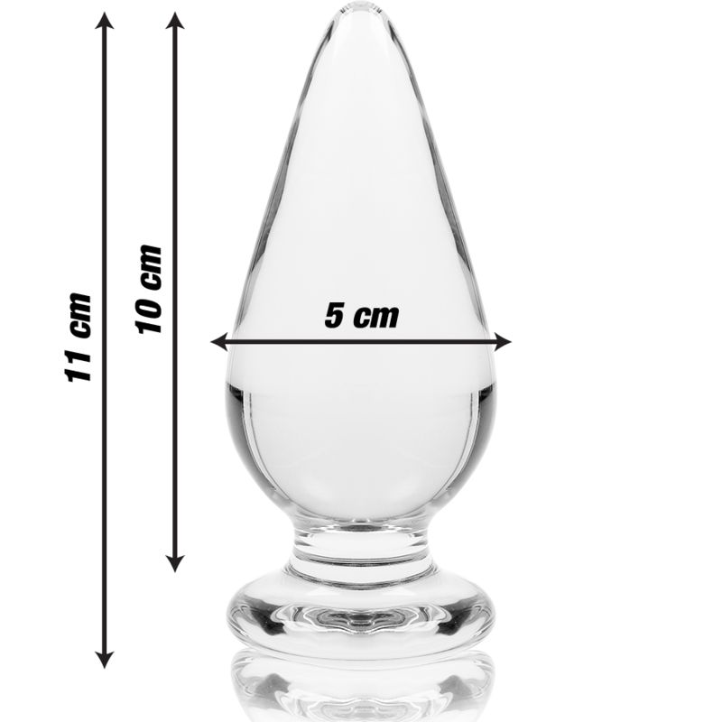 Transparenter Analplug aus Glas. Tropfenförmig, mit breiter Basis. Maße: 11cm x 10cm x 5cm.