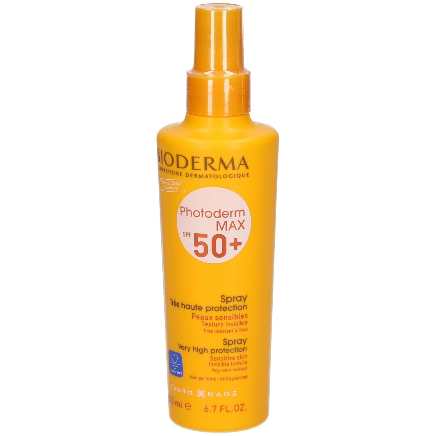 Gelbe Flasche BIODERMA Photoderm MAX Sonnenspray SPF 50+. Sprühkopf. Sehr hoher Schutz. 200 ml.