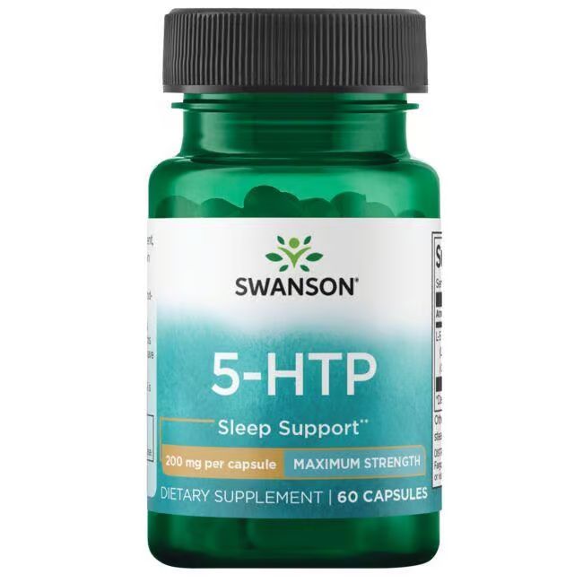 Grüne Flasche mit schwarzem Deckel. Etikett mit "SWANSON 5-HTP Sleep Support". Enthält 60 Kapseln, 200 mg pro Kapsel.