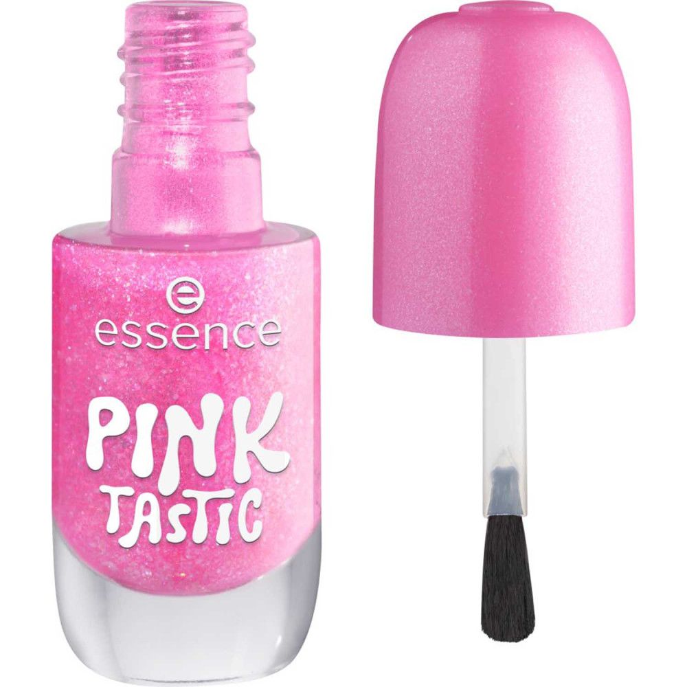 Nagellackflasche, rosa, geöffnet. Deckel daneben. Pinsel sichtbar. Aufschrift: essence, PINK TASTIC.