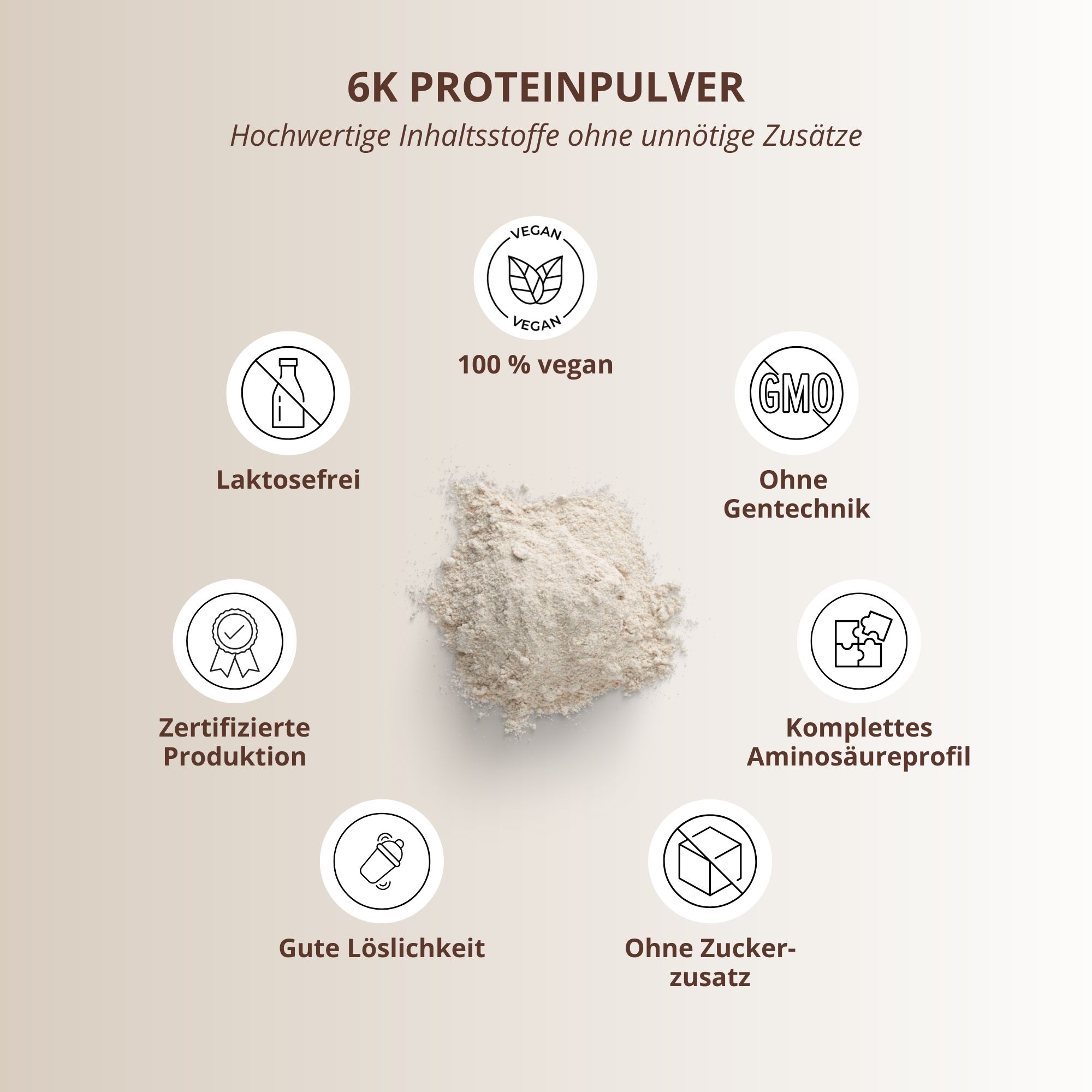 Kreisförmige Anordnung von Icons: Laktosefrei, 100% vegan, GMO-frei, zertifizierte Produktion, komplettes Aminosäureprofil, gute Löslichkeit, ohne Zuckerzusatz.