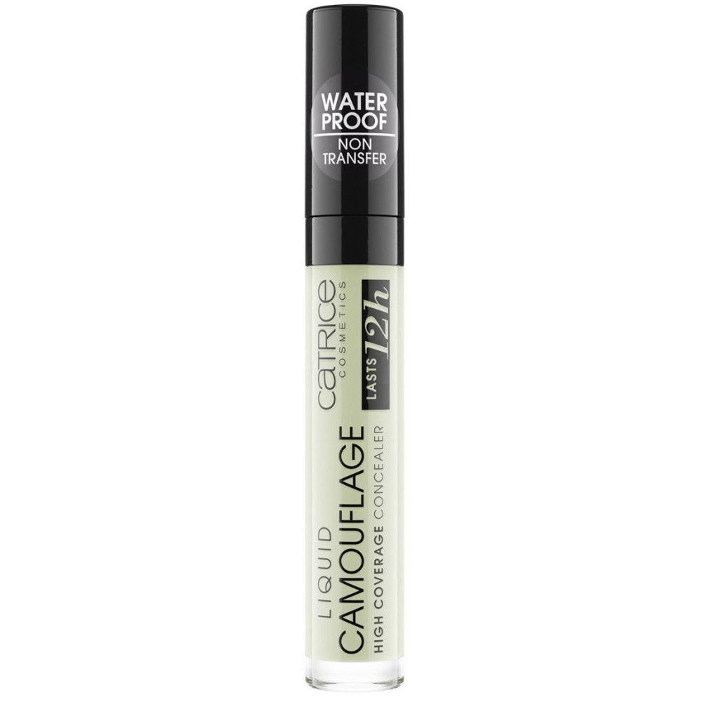 Grüner Concealer-Stift. Schwarzer Deckel mit "WATER PROOF" und "NON TRANSFER". "CATRICE" und "LIQUID CAMOUFLAGE" Text.