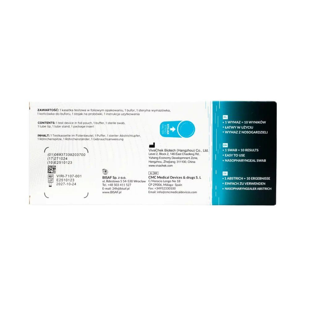 Rückseite der Testkit-Box. Text: 'Inhalt', 'Gebrauchsanweisung'. Herstellerinformationen. CE-Kennzeichnung.