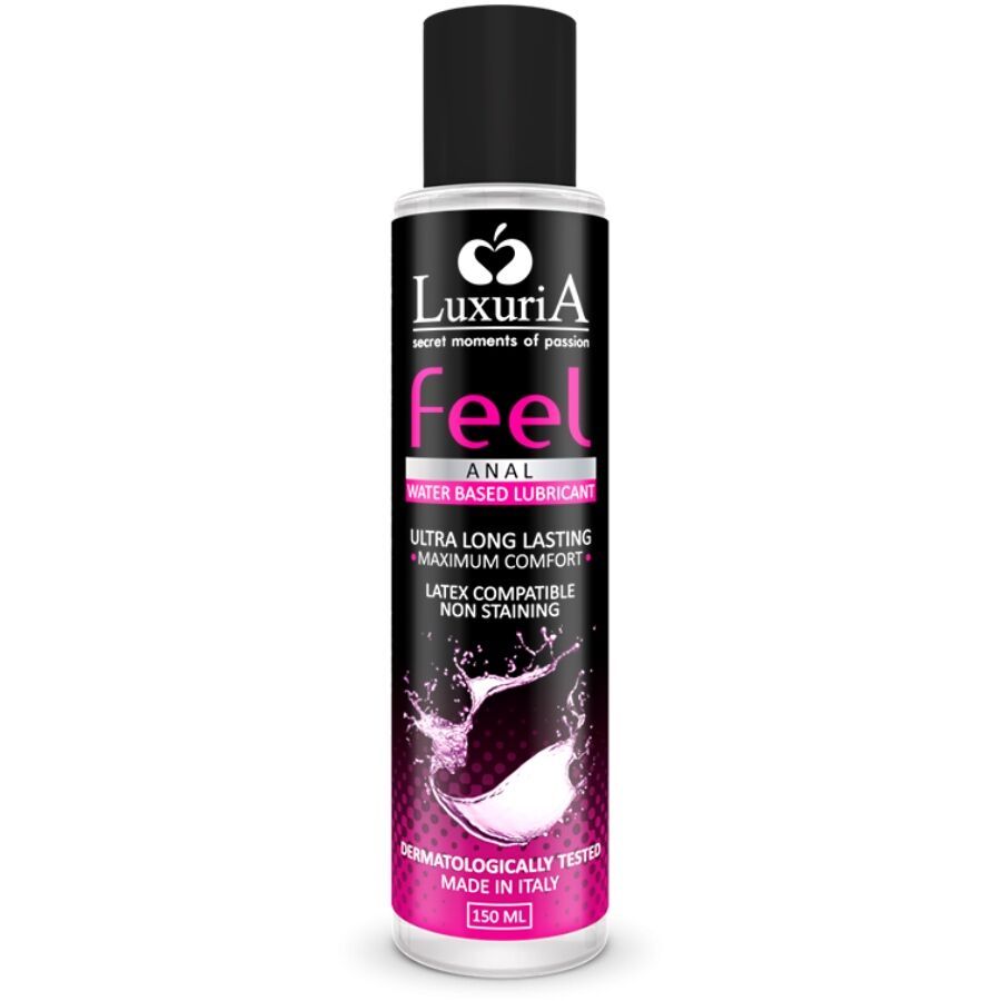 Zylindrische Flasche mit schwarzem Deckel. Aufschrift: Luxuria Feel Anal, Wasserbasiertes Gleitmittel. Rosa und weiße Akzente.