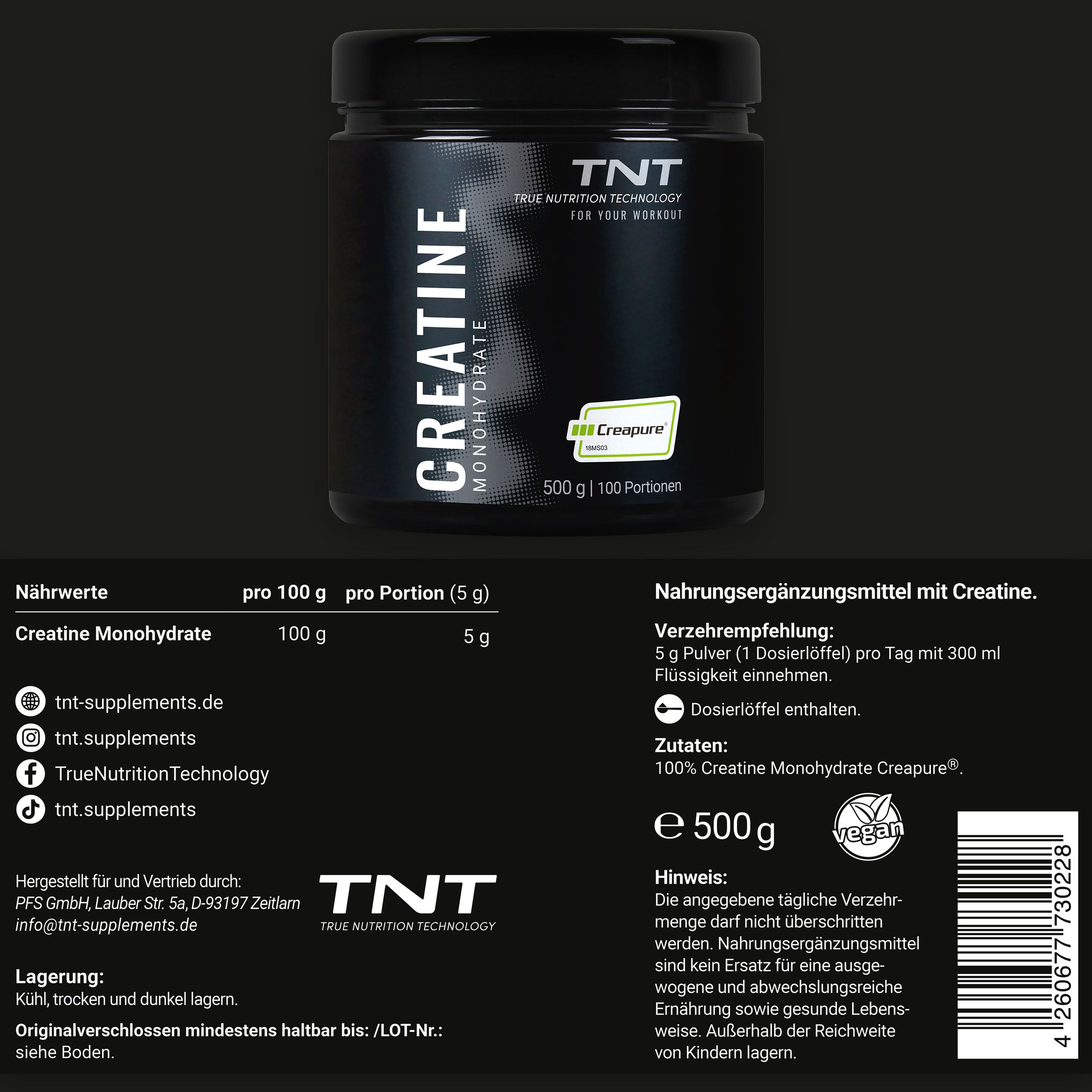 Schwarze Dose TNT Creatine Monohydrate. Nährwerttabelle und Informationen. Text: Nahrungsergänzungsmittel mit Creatine. 500g | 100 Portionen.