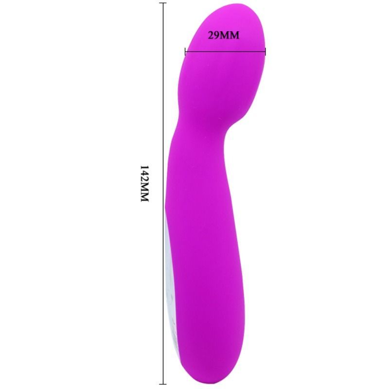 Lila Vibrator mit Maßangaben. Länge: 142mm, Breite: 29mm.
