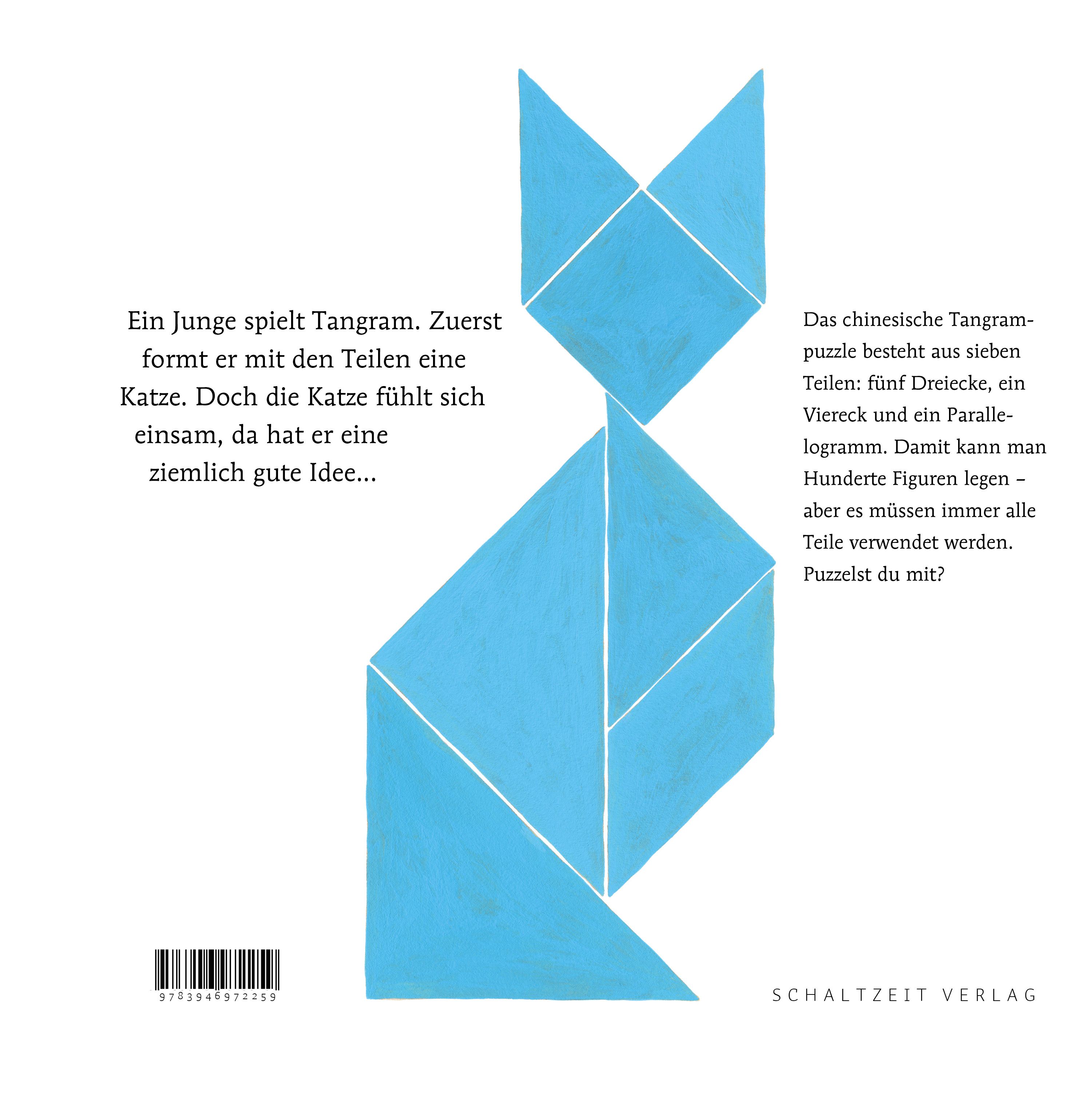 Rückseite des Buches Tangramkatze. Blaue Katze aus Tangram-Formen. Text über Tangram-Puzzle. Verlagsschriftzug.