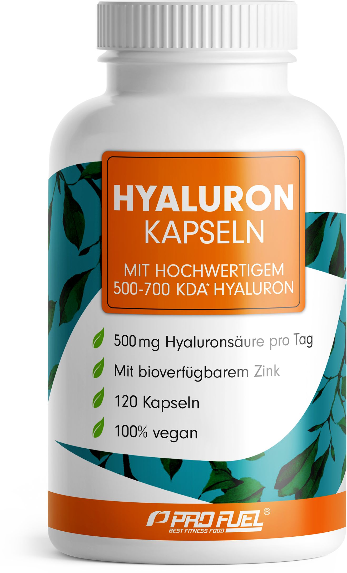 Weiße Flasche mit Hyaluron Kapseln. Orangefarbenes Etikett mit Text. 500mg Hyaluronsäure pro Tag, 120 Kapseln, 100% vegan. ProFuel Logo.