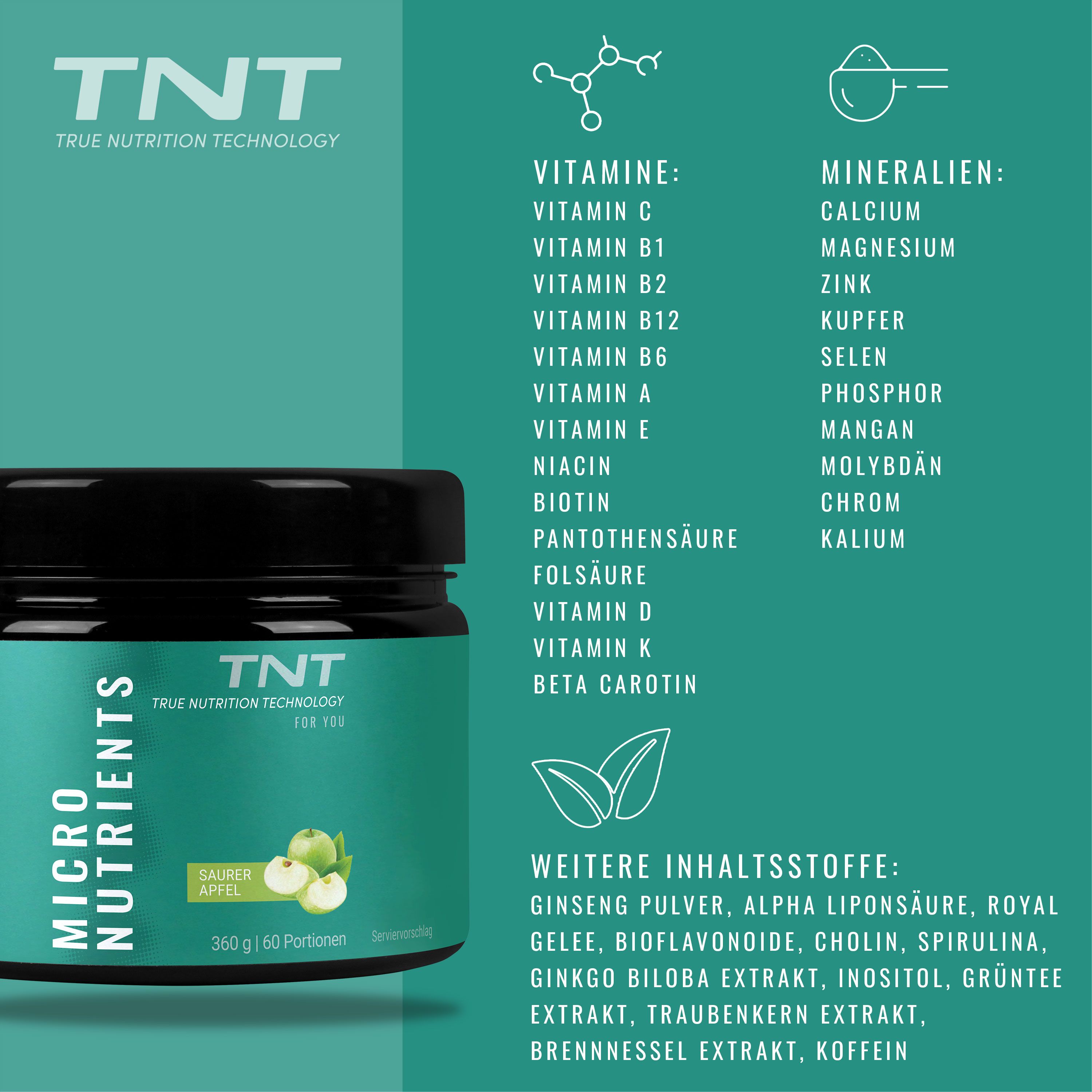 Dose TNT Micro Nutrients, grüne Aufschrift, Apfel-Geschmack. Vitamine und Mineralien-Liste. 360g, 60 Portionen.