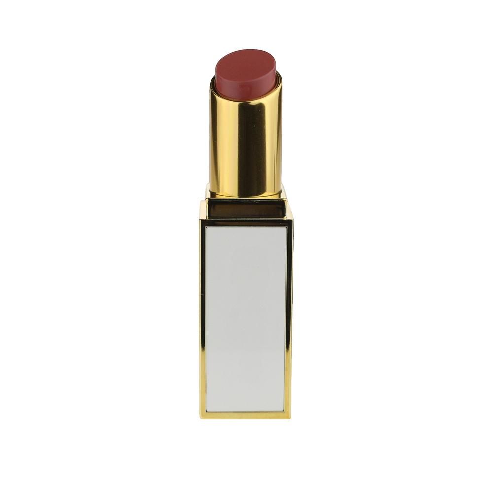 Lippenstift mit rosafarbenem Stift. Goldfarbene Hülse mit weißem, rechteckigem Gehäuse. Geöffnet, Stift sichtbar.