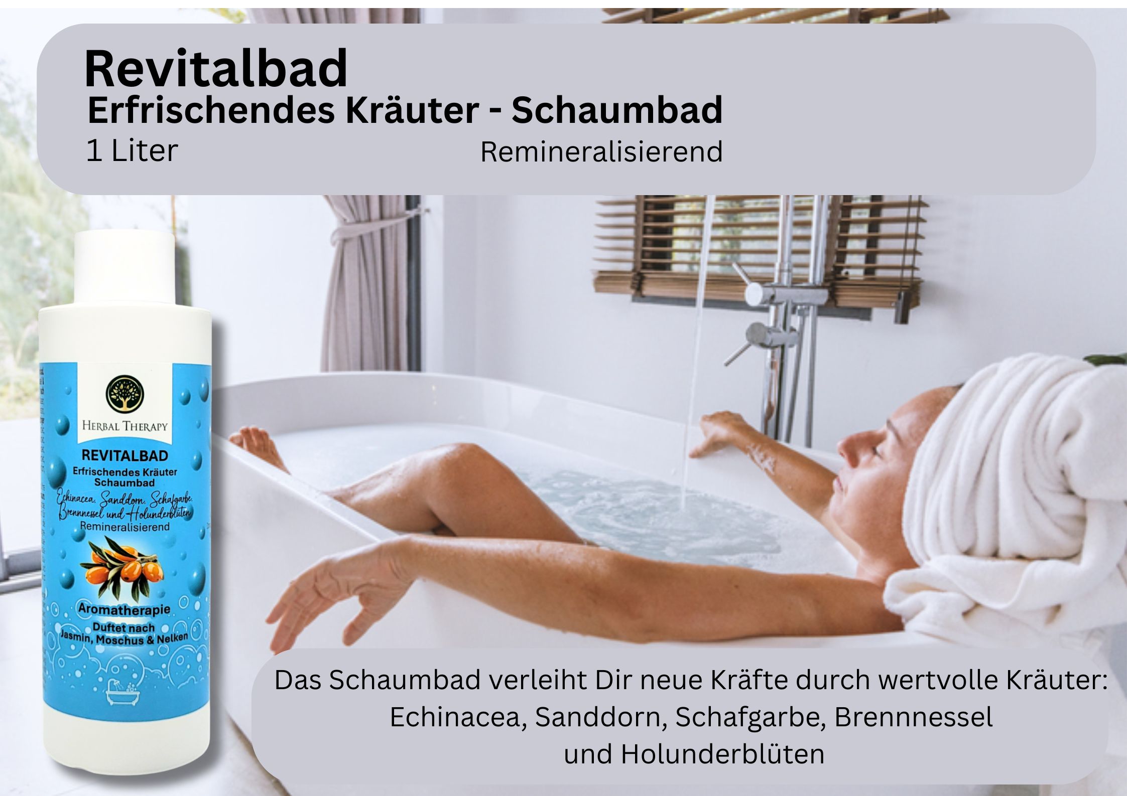 Flasche Kräuter Schaumbad neben Badewanne. Frau im Bad. Produktname und Inhaltsstoffe auf dem Etikett.