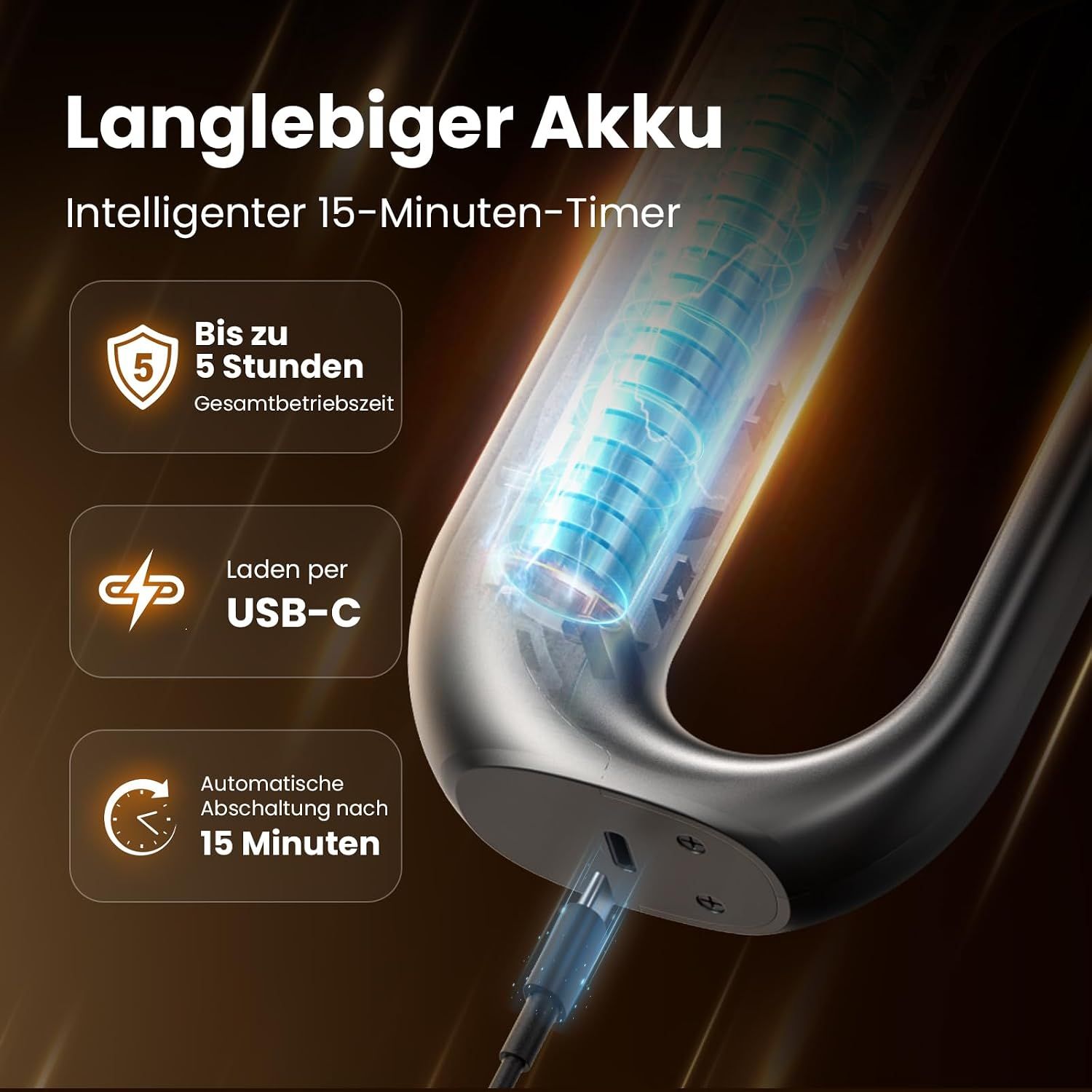 Handmassagegerät mit USB-C-Ladefunktion und 15-Minuten-Timer.