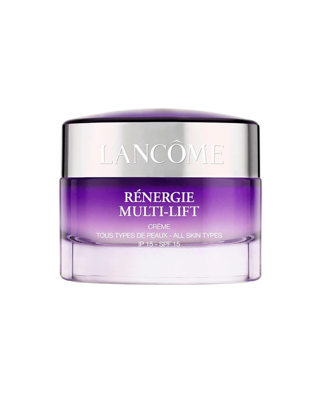 Creme-Glas mit silbernem Deckel. Aufschrift: Lancôme, Rénergie Multi-Lift. Lila Farbverlauf. Für alle Hauttypen.