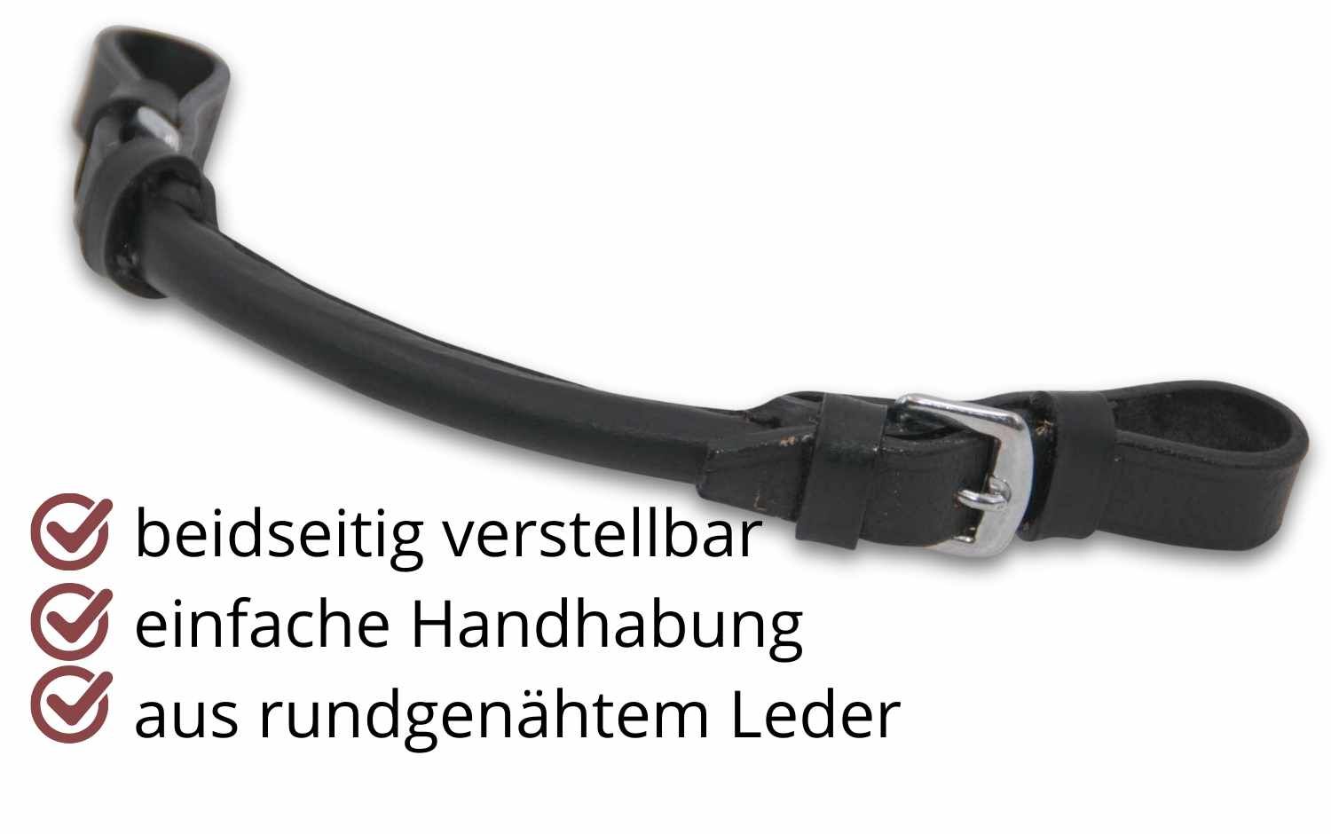 Schwarzer Sattelschutzbezug aus Leder mit Schnalle und Schlaufen. Text: beidseitig verstellbar, einfache Handhabung, aus rundgenähtem Leder.