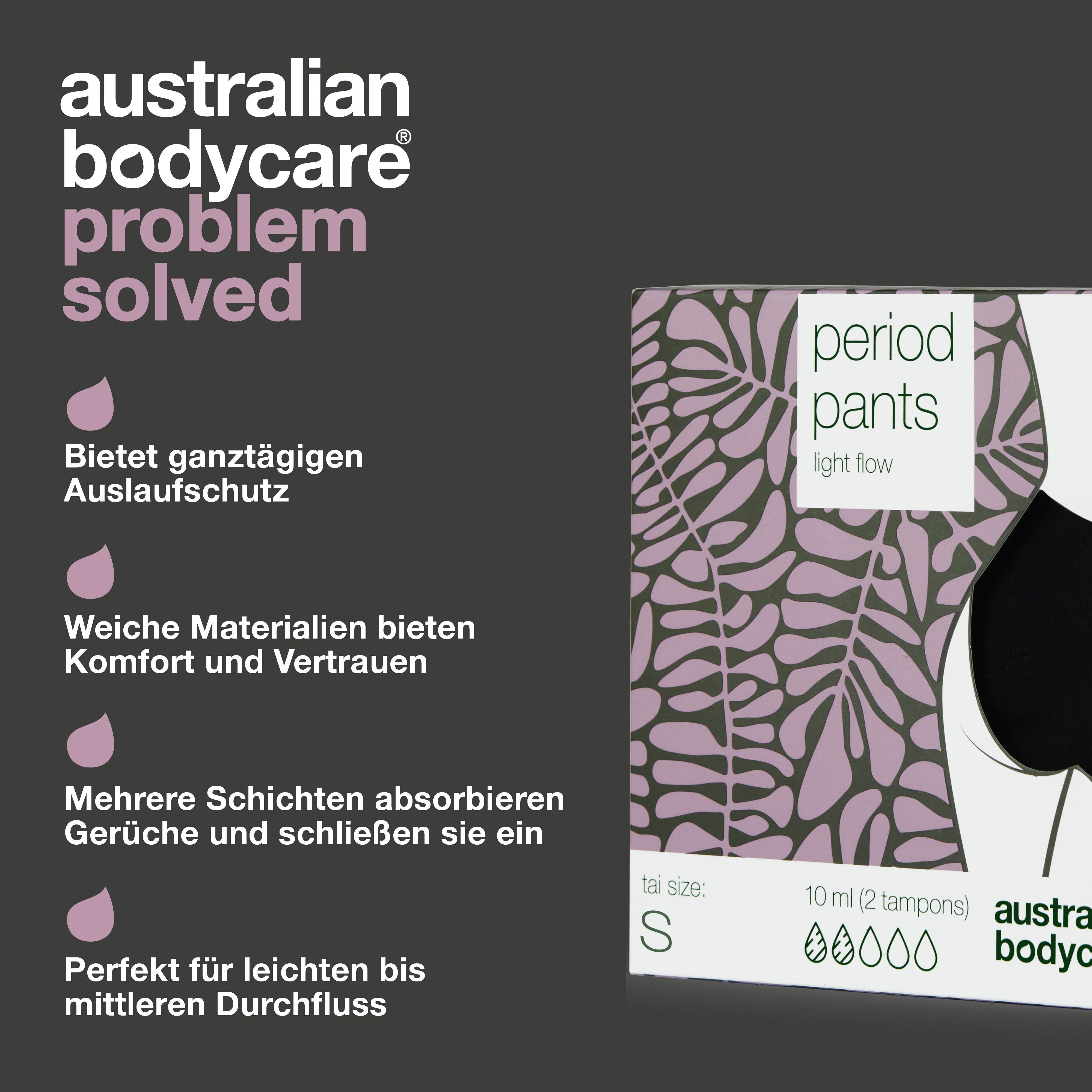 Produkt- und Verpackungsdarstellung. Schwarze Periodenunterwäsche. Text: Schutz, weiche Materialien, absorbierend, Marke.