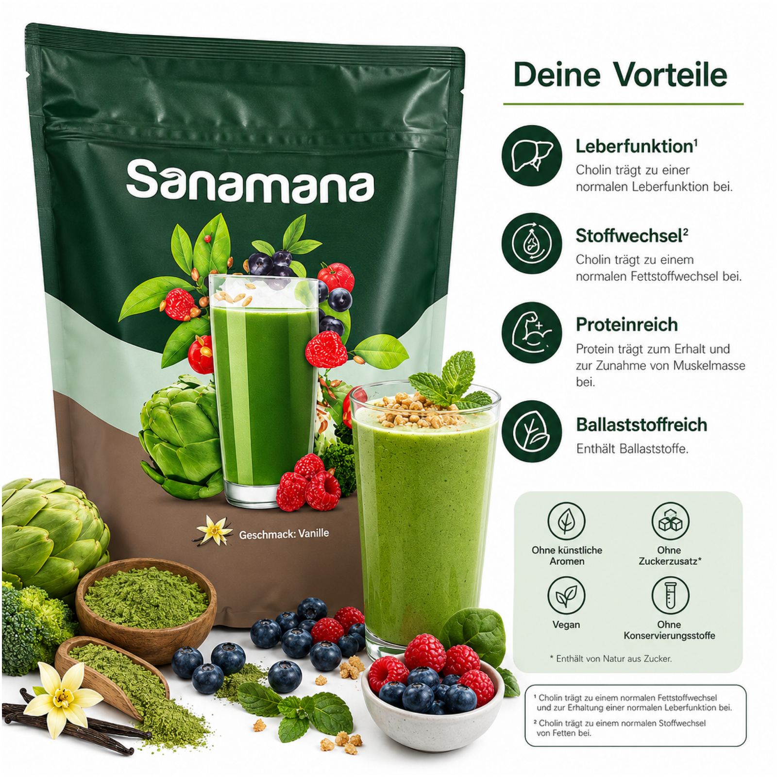 Sanamana Green Shake Produktinformationen mit Smoothie, Zutaten und Vorteilen.