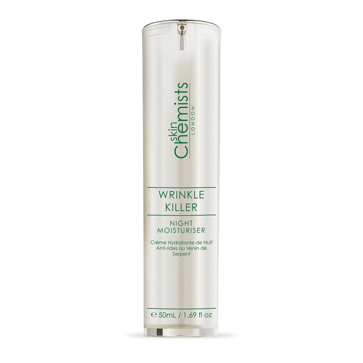 Zylindrische Flasche mit grünem Etikett. Text: Wrinkle Killer, Night Moisturiser. Volumen: 50ml/1.69 fl oz. Marke: skinChemists London.