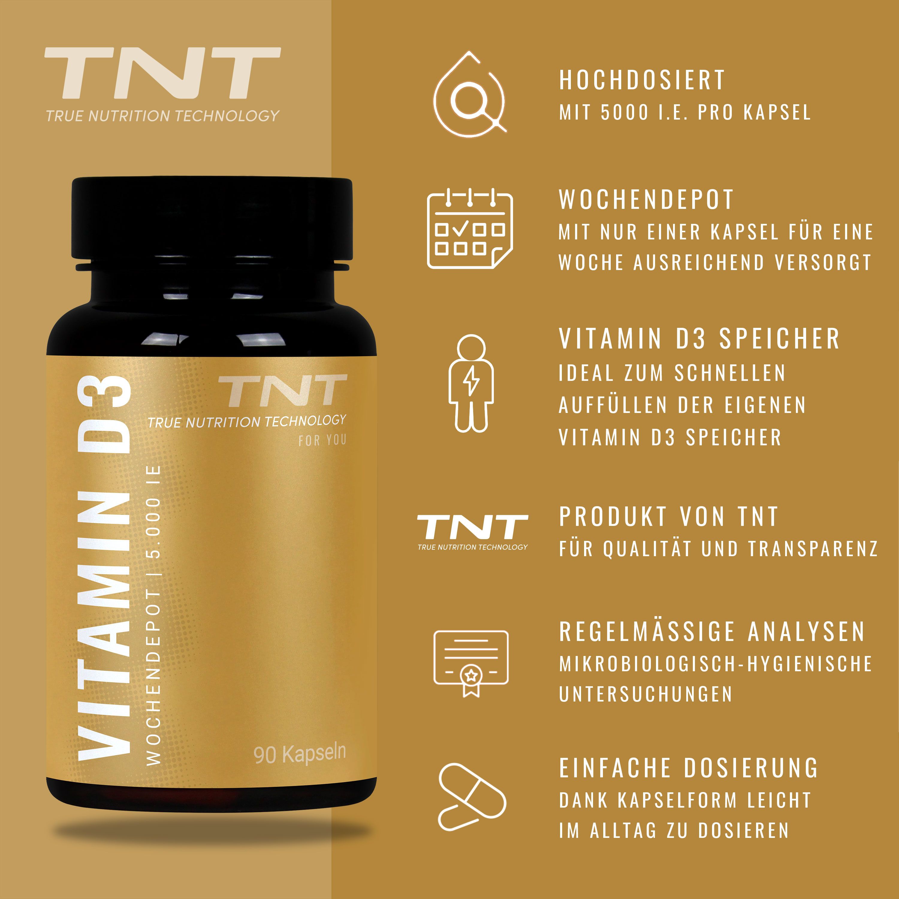 Braune Flasche mit TNT Vitamin D3 Wochendepot 5.000 i.E. 90 Kapseln. Goldfarbenes Etikett mit weißen Schriftzügen. Schwarzer Deckel.